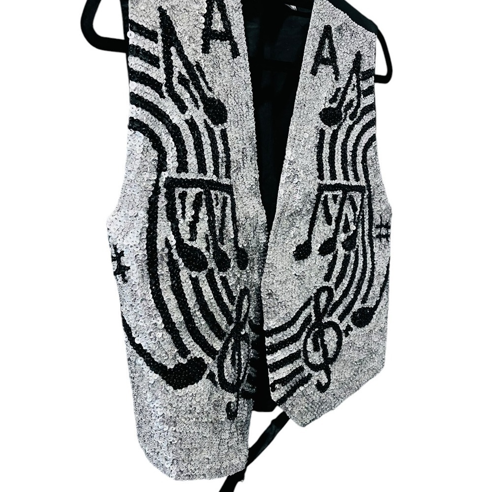 JC USA Vintage 80's Sequin Musical Notes Silver Black Vest Color Block Bling - Picture 3 of 6